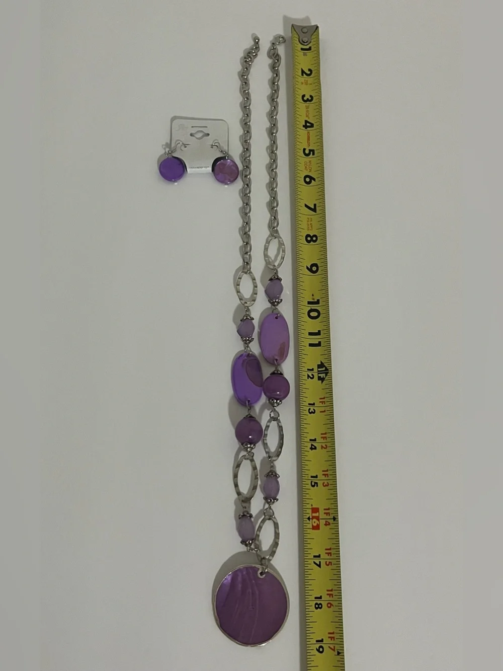 Purple Statement Necklace & Earrings Set | Silver Tone | Beaded Pendant